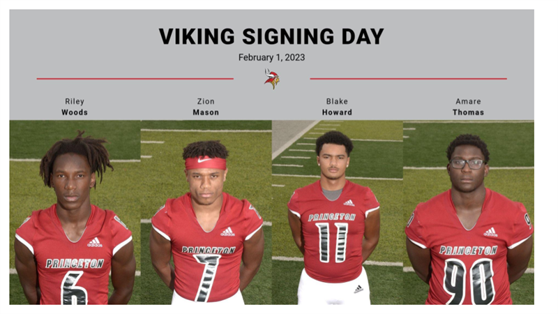 Viking Signing Day, four football players portraits.