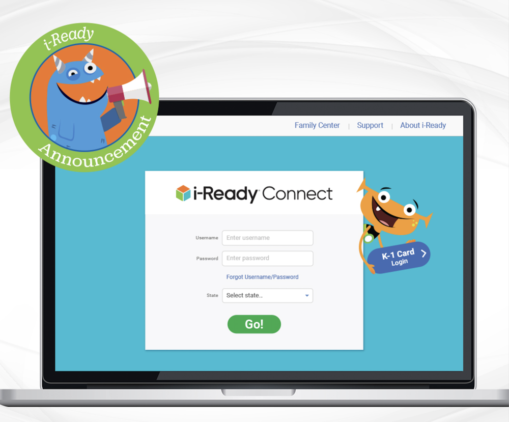 Computer screen showing the i-Ready Connect login home screen 