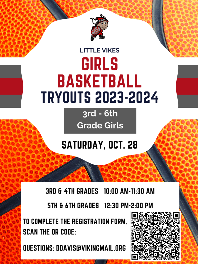 Little Vikes Girls Basketball Information flyer with QR Code for registration