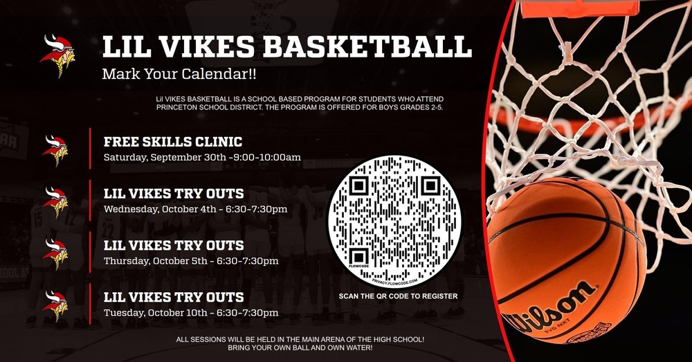Little Vikes Basketball info graphic with QR Code